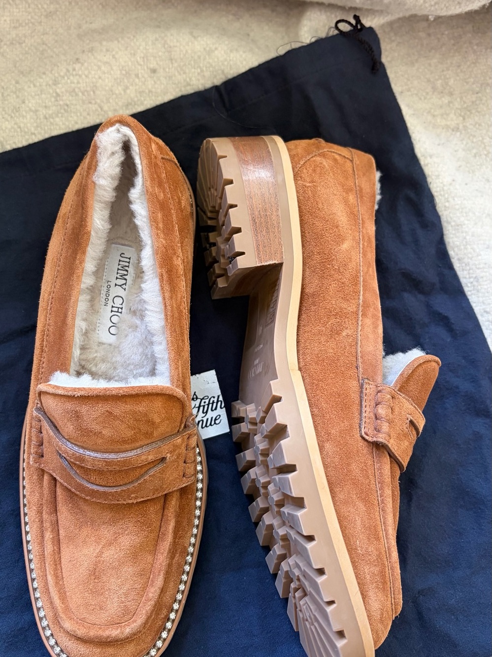 Jimmy Choo Tan Suede Shearling-Lined Penny Loafers